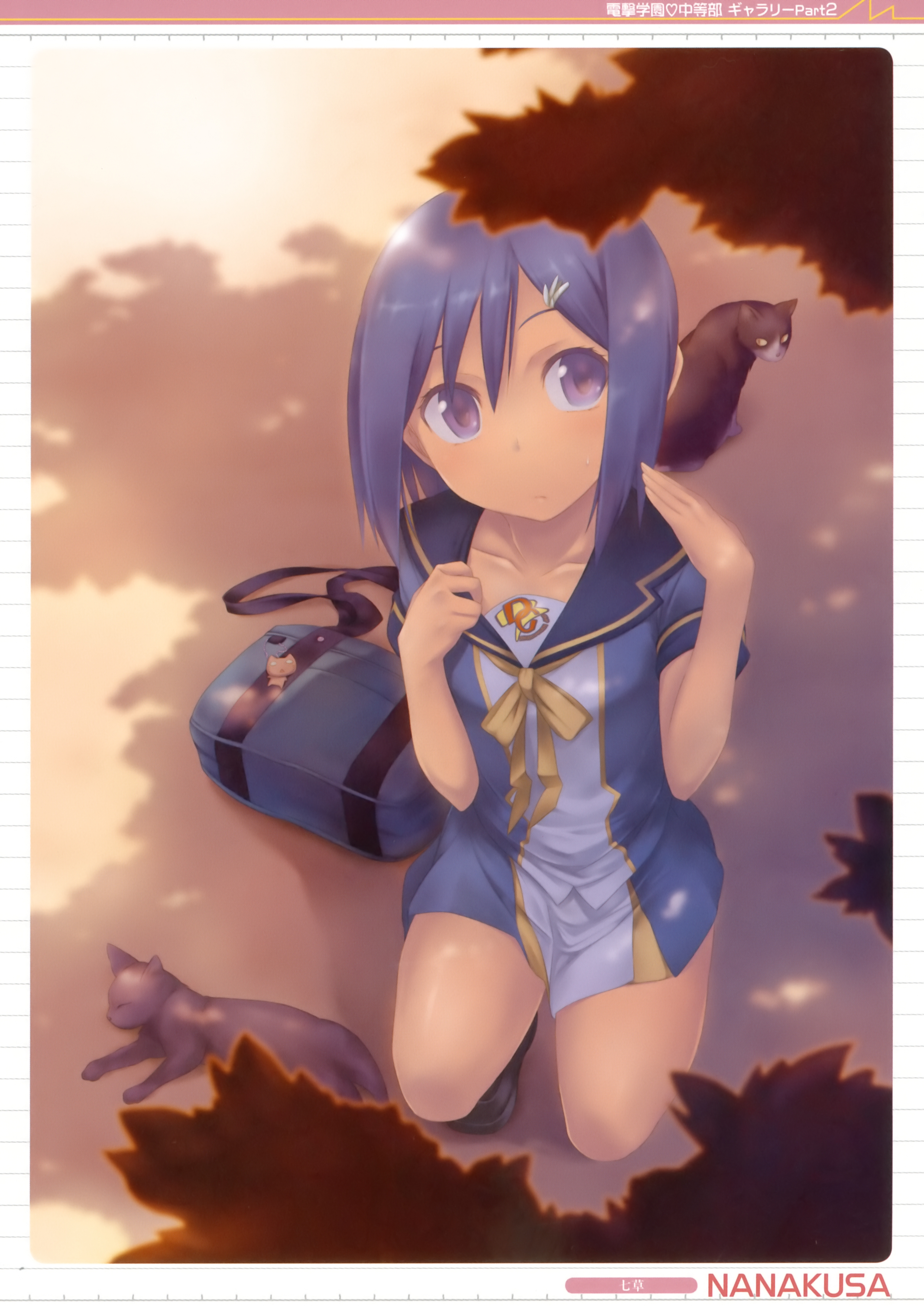 nanakusa, original, absurdres, highres, 1girl, bag, blue hair, cat, female focus, from above, hair ornament, hairclip, kneeling, loafers, purple eyes, school bag, school uniform, shoes, short hair, solo