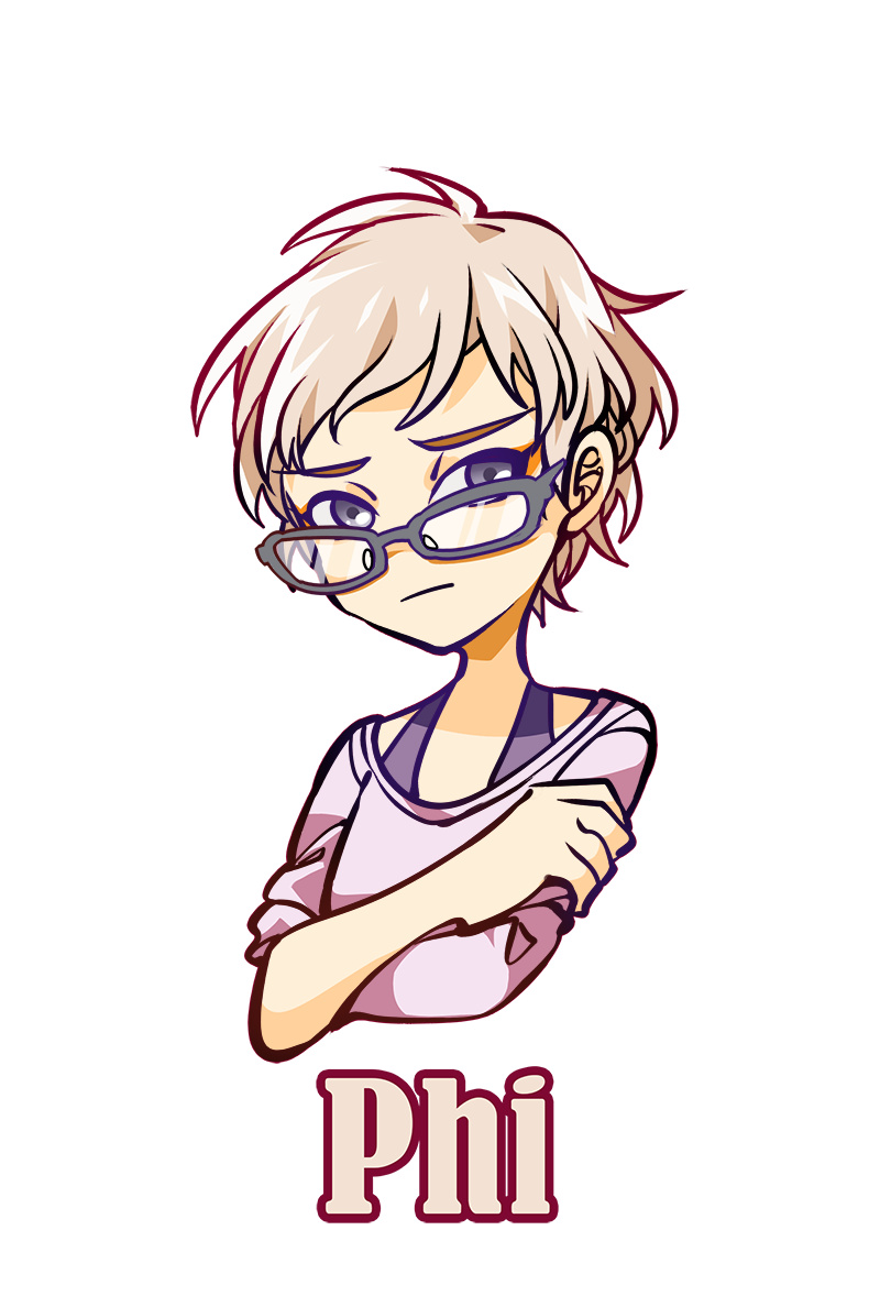 phi (kyokugen dasshutsu), kyokugen dasshutsu, zero escape: toki no dilemma, chinese commentary, commentary request, 1girl, character name, closed mouth, crossed arms, eyelashes, glasses, grey-framed eyewear, grey eyes, melon (weibo 1846017107), mismatched eyebrows, short hair, simple background, solo, white background, white hair