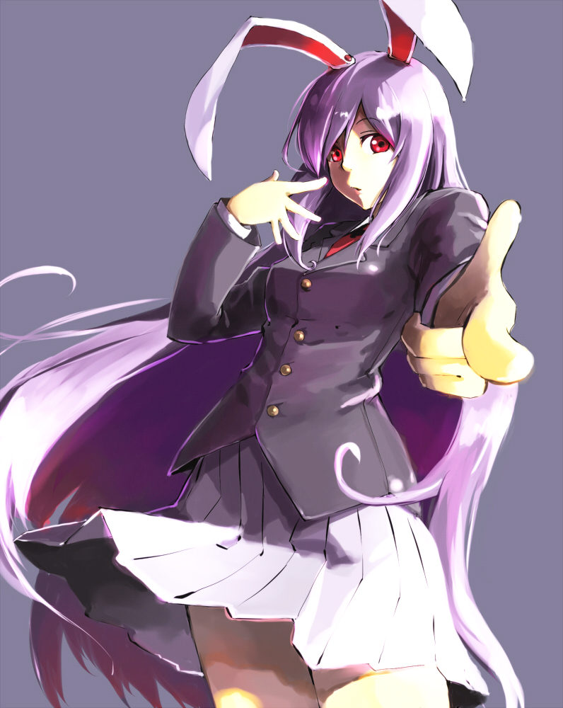 holysnow, reisen udongein inaba, touhou, 1girl, animal ears, blazer, female focus, finger gun, jacket, long hair, necktie, purple hair, rabbit ears, red eyes, skirt, solo