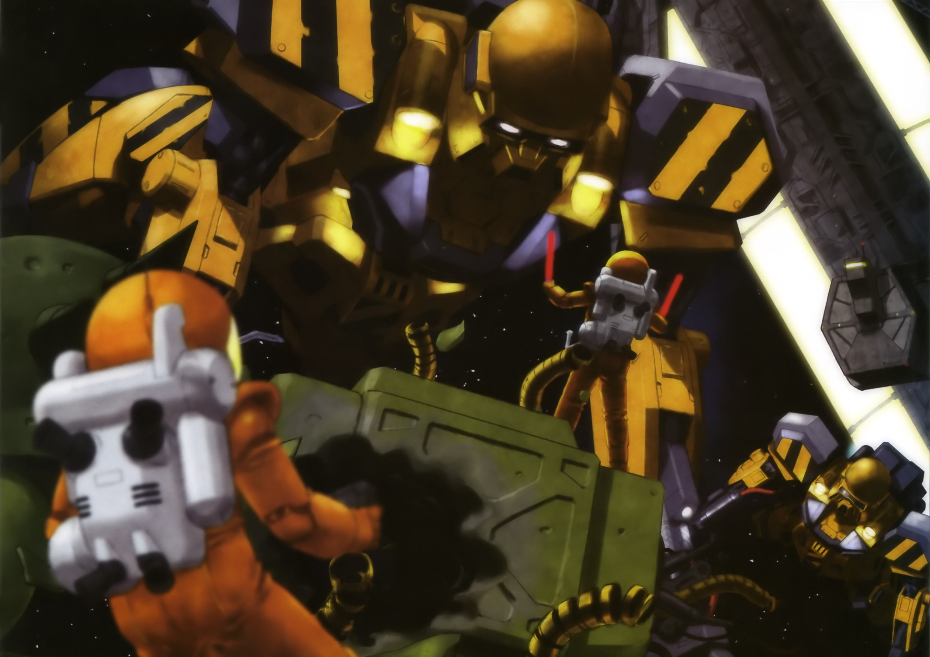 gundam, gundam f91, artist request, character request, highres, magazine scan, official art, scan, traditional media, 2others, astronaut, blurry, blurry foreground, cable, crossbone vanguard, gundam perfect file, jetpack, machinery, mecha, mobile suit, multiple others, prototype design, realistic, robot, science fiction, sign, space, warning sign, zero gravity