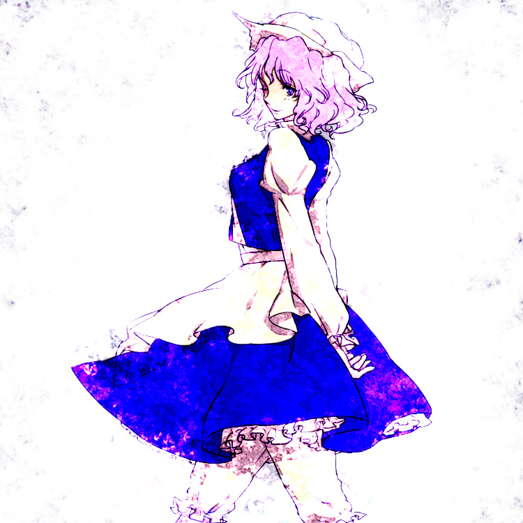 egawa satsuki, letty whiterock, touhou, light purple hair, 1girl, arms behind back, bloomers, female focus, hat, one eye closed, purple eyes, purple hair, short hair, solo, underwear, walking, wink