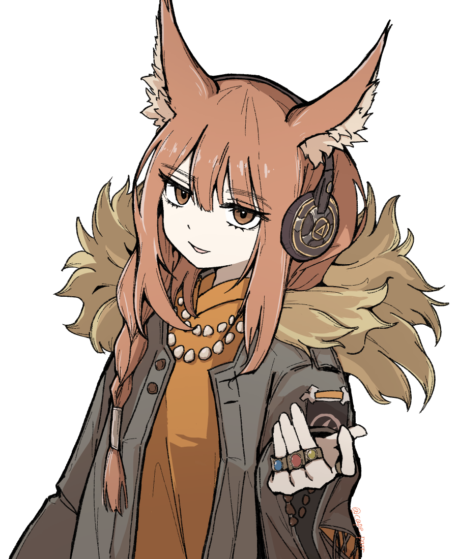 ratatos browntail (arknights), arknights, commentary request, partial commentary, 1girl, animal ear fluff, animal ears, black jacket, braid, brown eyes, brown hair, cape parr, fur-trimmed hood, fur trim, hair between eyes, headphones, hood, hood down, hooded jacket, jacket, jewelry, light smile, long hair, looking at viewer, multiple rings, necklace, open clothes, open jacket, orange shirt, parted lips, pearl necklace, ring, shirt, solo, upper body