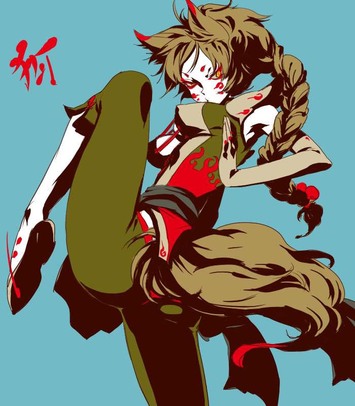 egawa satsuki, original, tagme, animal ears, black shoes, braid, fighting stance, shoes, solo, tail