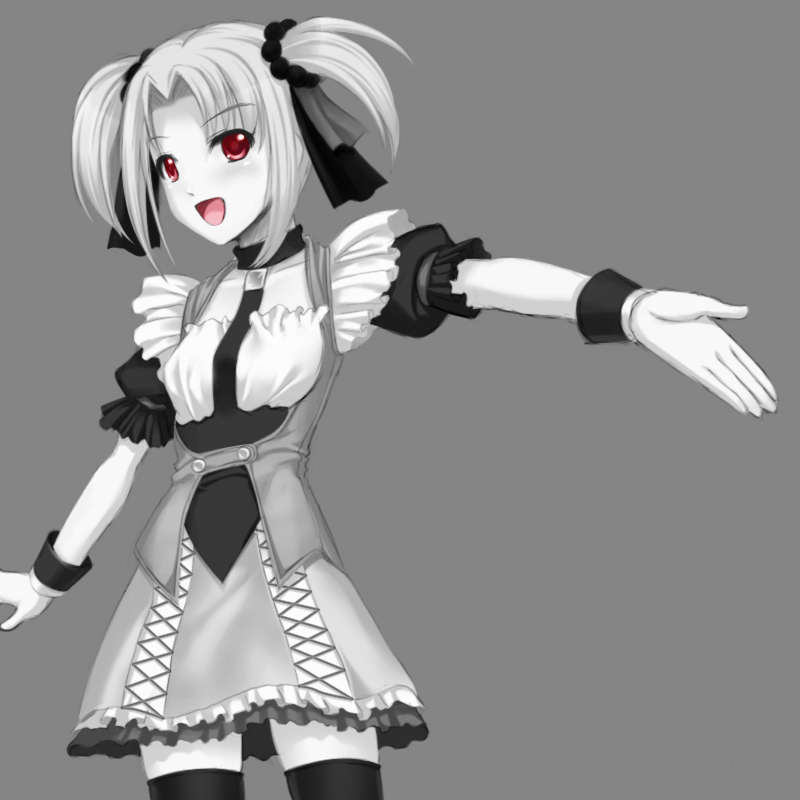 totokichi, suzuki ayane, idolmaster, idolmaster dearly stars, bad id, bad pixiv id, 00s, 1girl, blush, detached sleeves, female focus, monochrome, open mouth, red eyes, scrunchie, short hair, smile, solo, spot color, thighhighs, twintails, wrist cuffs, zettai ryouiki