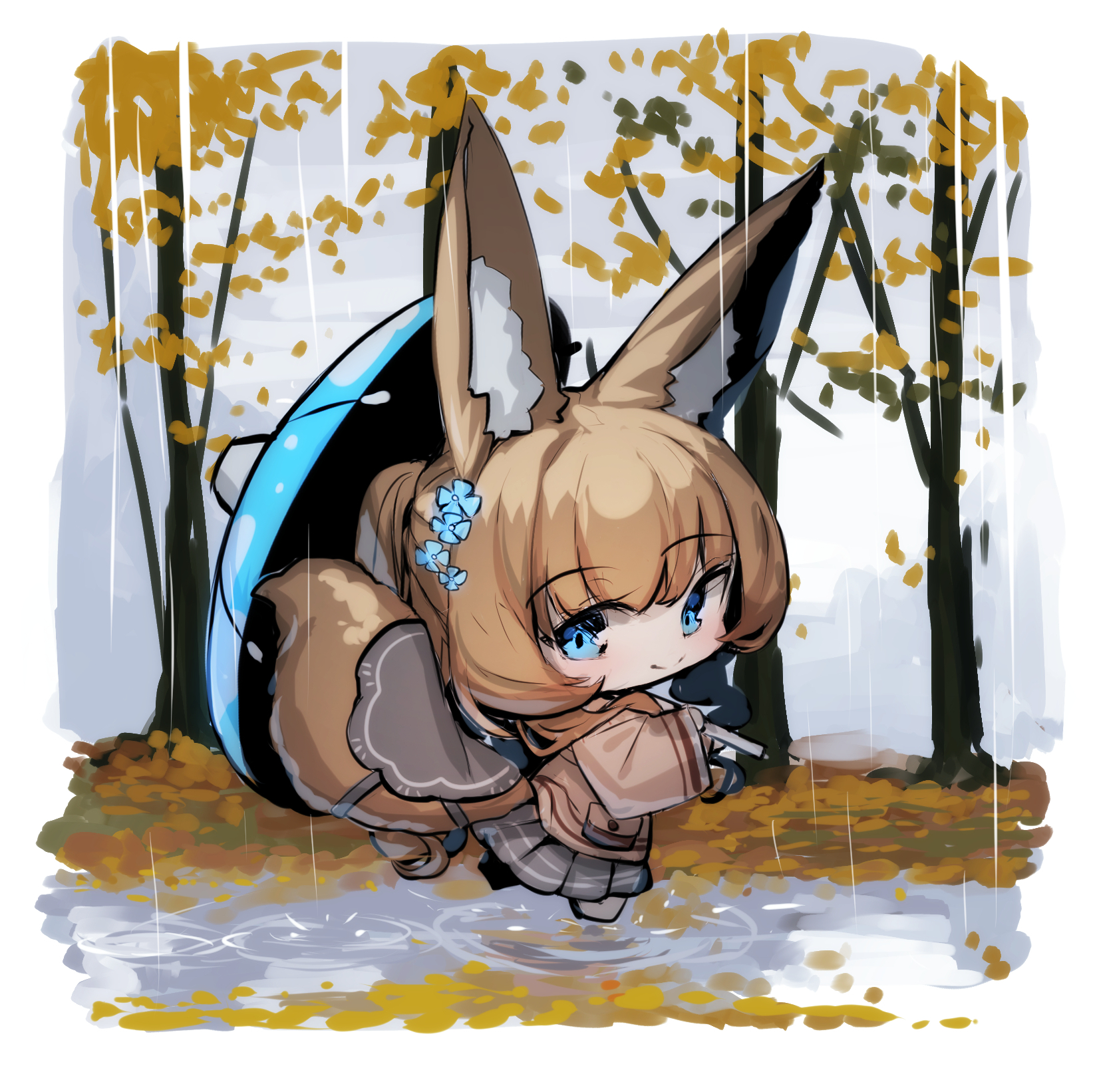 yuuji (yukimimi), original, commentary request, highres, 1girl, animal ears, blonde hair, blue eyes, blue umbrella, brown jacket, closed mouth, fox ears, fox girl, fox tail, from side, grey skirt, holding, holding umbrella, jacket, long sleeves, looking at viewer, looking to the side, outdoors, overcast, pleated skirt, puddle, rain, ripples, skirt, sky, smile, solo, tail, tree, umbrella, walking, wide sleeves