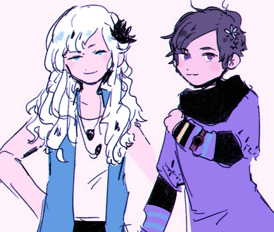 chaie, kurashiki akane, phi (kyokugen dasshutsu), kyokugen dasshutsu, kyokugen dasshutsu: 9 jikan 9 nin 9 no tobira, kyokugen dasshutsu adv: zennin shibou desu, 2girls, :3, alternate hair length, alternate hairstyle, black flower, blue eyes, blue jacket, blush, closed mouth, dress, eyelashes, flower, hair flower, hair ornament, jacket, long hair, long sleeves, multiple girls, open clothes, open jacket, purple dress, purple eyes, purple hair, shirt, short hair, simple background, sleeveless, sleeveless jacket, sleeveless shirt, smile, split mouth, very short hair, watch, white background, white hair, white shirt, wristwatch