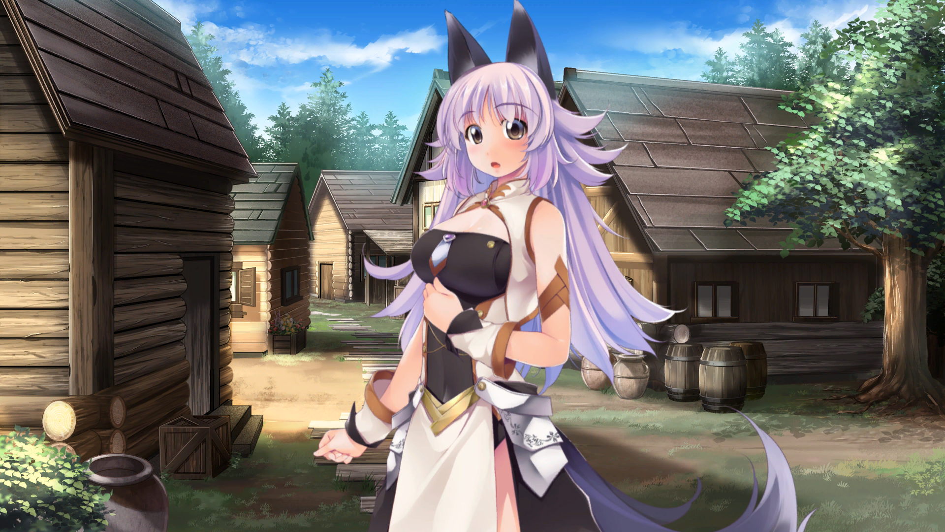 atelier-moo, mana (our battle has just begun!), our battle has just begun!, game cg, highres, non-web source, 1girl, animal ears, armlet, barrel, blush, breasts, bush, cauldron, cleavage, cleavage cutout, clenched hands, clothing cutout, cloud, collared dress, corset, covered navel, cowboy shot, dress, flipped hair, grey eyes, house, jewelry, large breasts, lips, long hair, narrow waist, open mouth, purple hair, side slit, sidelocks, sky, solo, standing, tail, tree, very long hair, village, wolf ears, wolf girl, wolf tail, wooden house, wristband