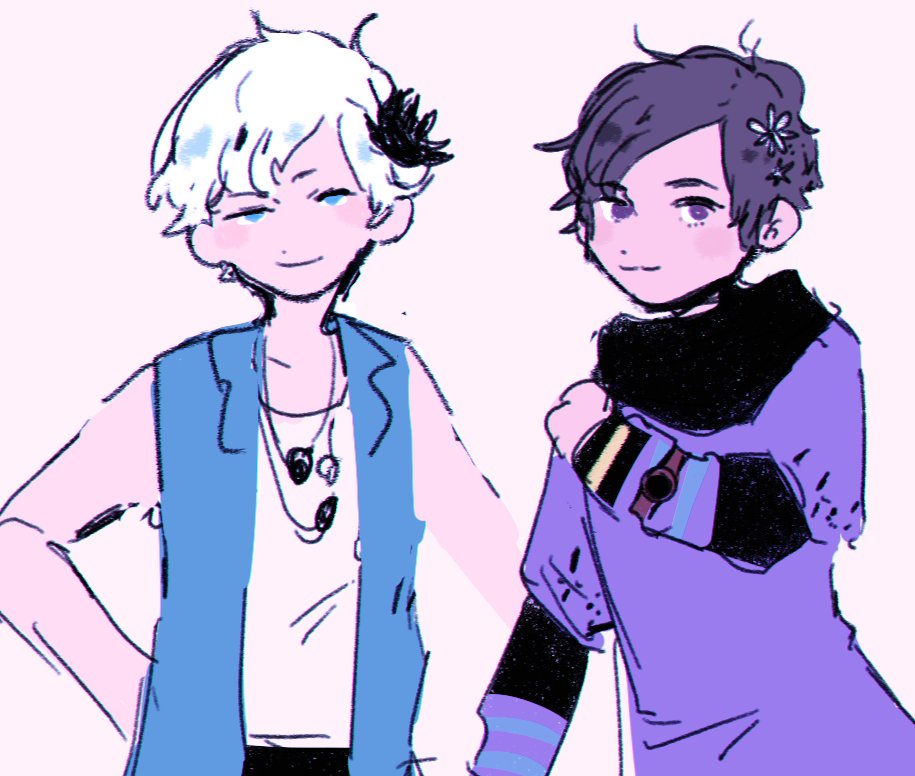 chaie, kurashiki akane, phi (kyokugen dasshutsu), kyokugen dasshutsu, kyokugen dasshutsu: 9 jikan 9 nin 9 no tobira, kyokugen dasshutsu adv: zennin shibou desu, 2girls, :3, alternate hair length, alternate hairstyle, black flower, blue eyes, blue jacket, blush, closed mouth, dress, eyelashes, flower, hair flower, hair ornament, jacket, long sleeves, multiple girls, open clothes, open jacket, purple dress, purple eyes, purple hair, shirt, short hair, simple background, sleeveless, sleeveless jacket, sleeveless shirt, smile, split mouth, very short hair, watch, white background, white hair, white shirt, wristwatch