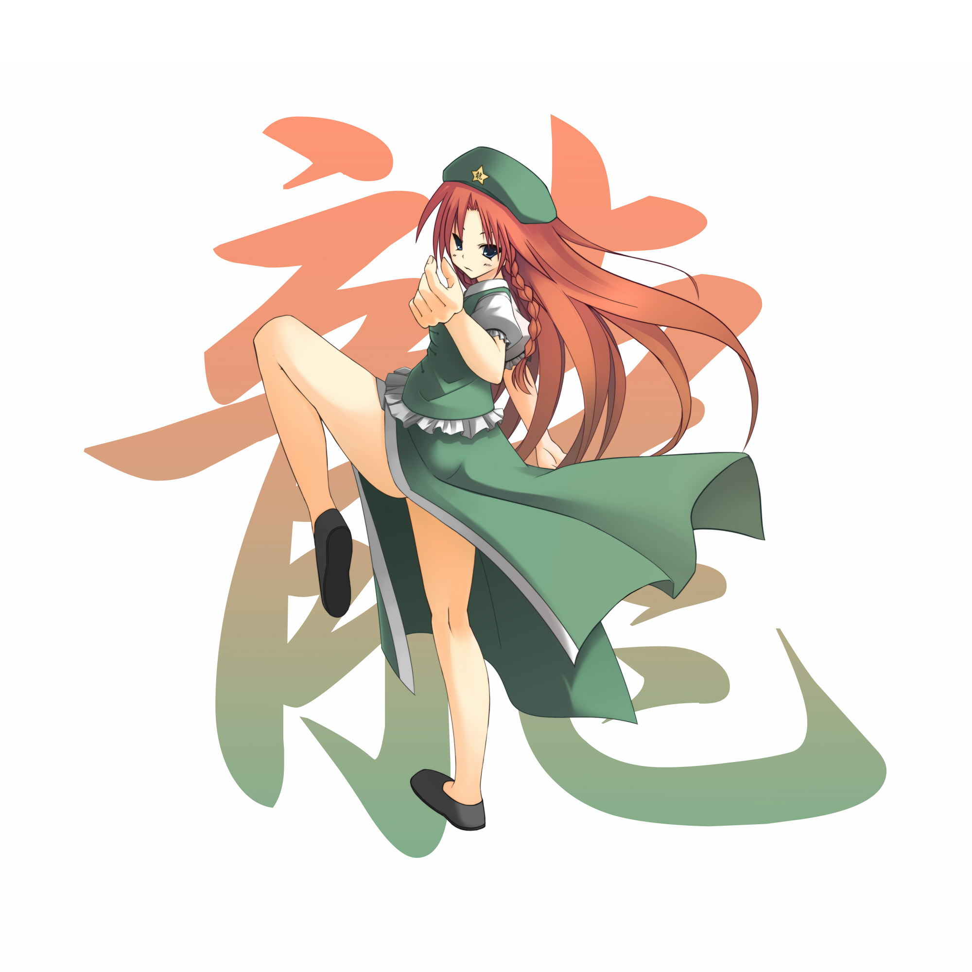 mikago kotaro, hong meiling, embodiment of scarlet devil, touhou, highres, 1girl, blue eyes, braid, china dress, chinese clothes, dress, female focus, full body, hat, long hair, red hair, solo, twin braids, white background