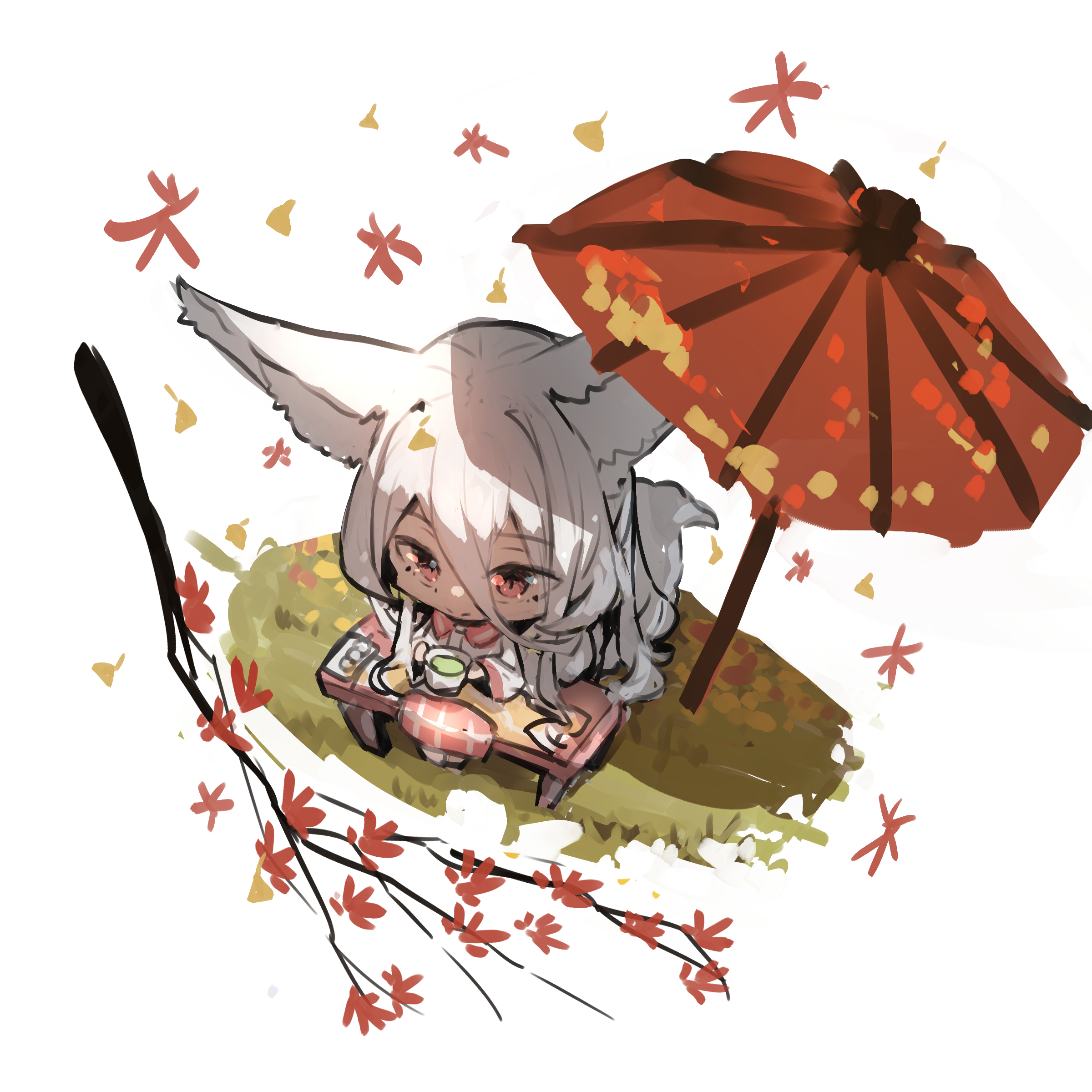 yuuji (yukimimi), original, absurdres, commentary request, highres, 1girl, animal ear fluff, animal ears, barefoot, branch, chibi, closed mouth, collared shirt, cup, dress shirt, fox ears, fox girl, fox tail, from above, hair between eyes, holding, holding cup, leaf, long hair, maple leaf, on bench, parasol, pink skirt, plaid clothes, plaid skirt, red eyes, shirt, sitting, skirt, smile, solo, tail, umbrella, very long hair, white background, white hair, white shirt