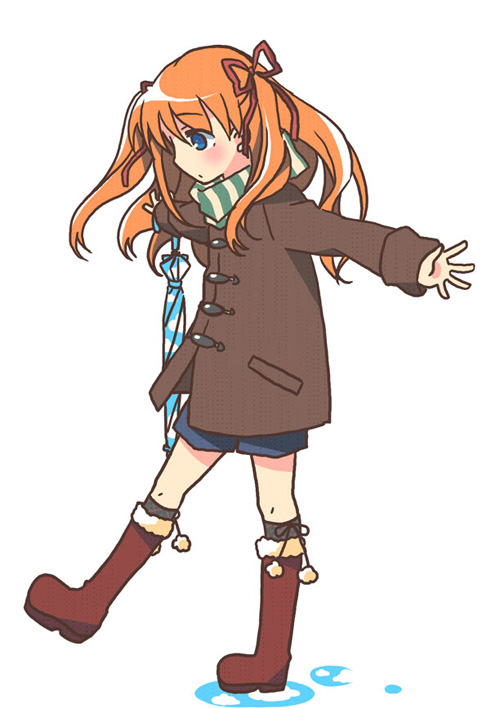 touon, sawatari makoto, kanon, 1girl, blue eyes, boots, closed umbrella, coat, female focus, long hair, orange hair, outstretched arms, puddle, solo, spread arms, twintails, umbrella