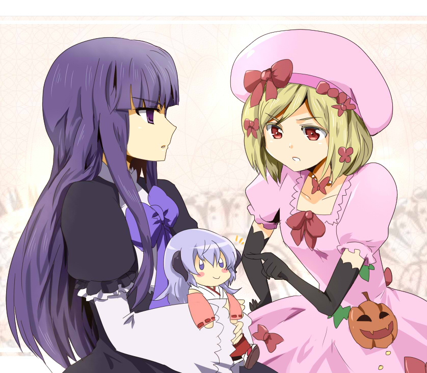 meru, frederica bernkastel, hanyuu, lambdadelta, higurashi no naku koro ni, umineko no naku koro ni, light purple hair, 00s, 3girls, black hair, blonde hair, blue eyes, blue hair, blush stickers, bow, bowtie, carrying, company connection, creator connection, crossover, detached sleeves, dress, elbow gloves, gloves, hair ornament, hair ribbon, hat, horns, in-franchise crossover, jack-o'-lantern, jewelry, long hair, mini person, minigirl, multiple girls, necklace, open mouth, pink hat, pointing, pumpkin, red eyes, ribbon, short hair, smile