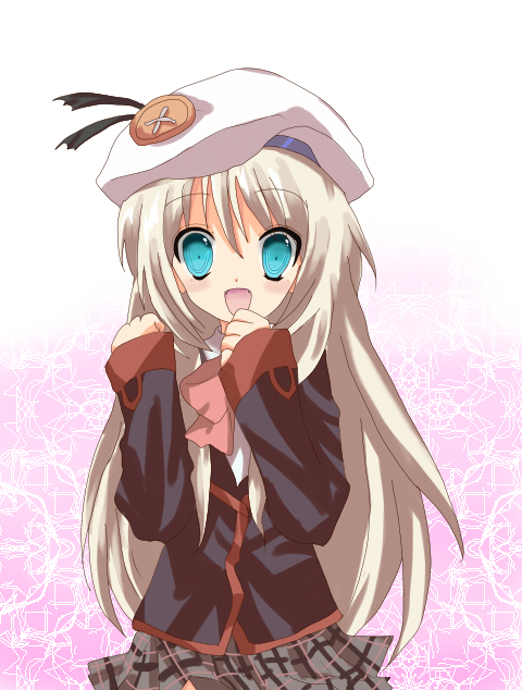 mikan ame, noumi kudryavka, little busters!, blonde hair, blue eyes, fang, fangs, hat, long hair, plaid clothes, plaid skirt, skirt