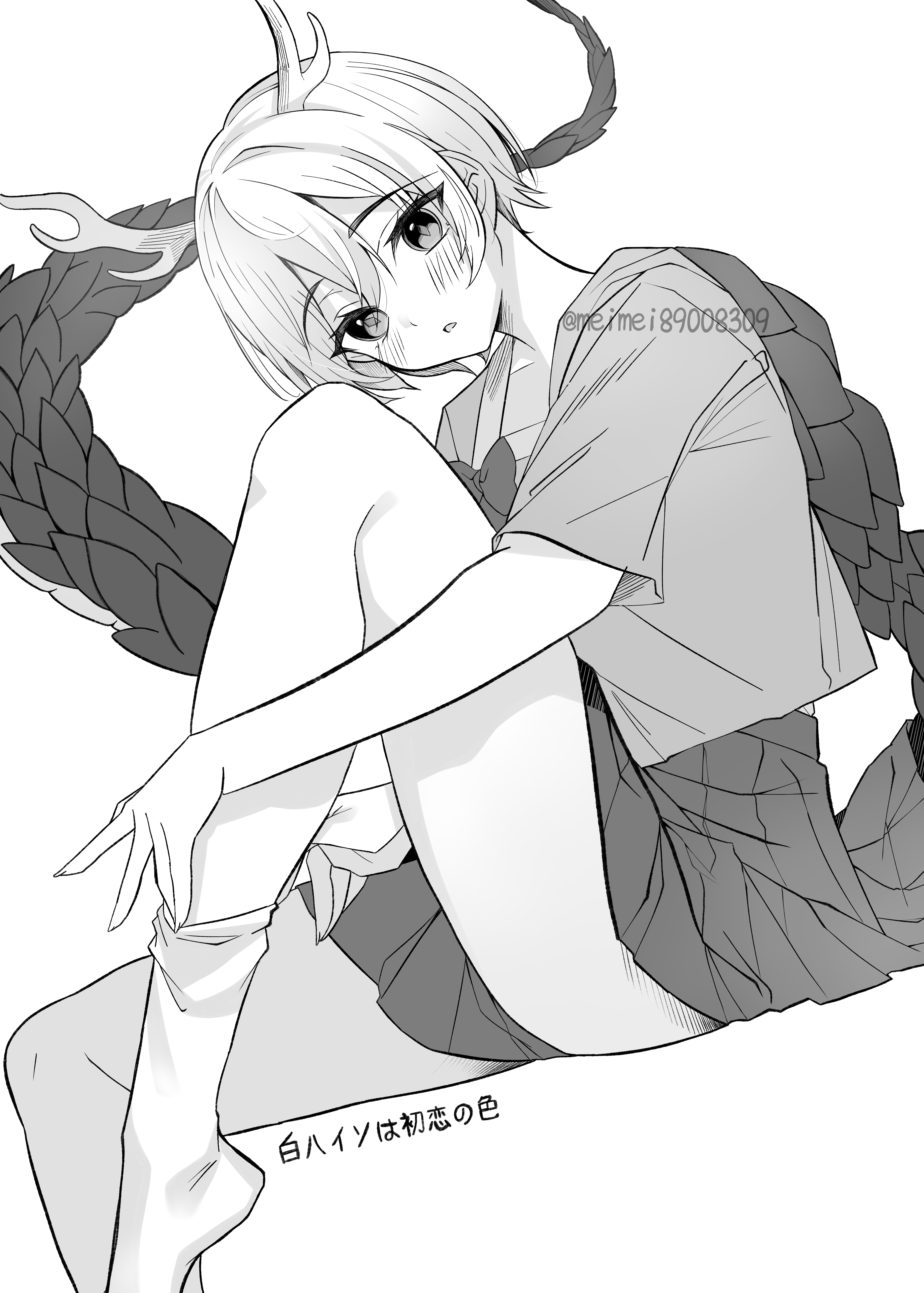 meimei (meimei89008309), kicchou yachie, touhou, absurdres, commentary request, highres, translation request, 1girl, antlers, blush, dragon girl, dragon horns, dragon tail, dressing, eastern dragon horns, eastern dragon tail, hair between eyes, horns, knee up, legs, looking at viewer, monochrome, parted lips, shirt, short hair, sitting, skirt, sock pull, socks, solo, square neckline, tail, thighs, turtle shell, twitter username