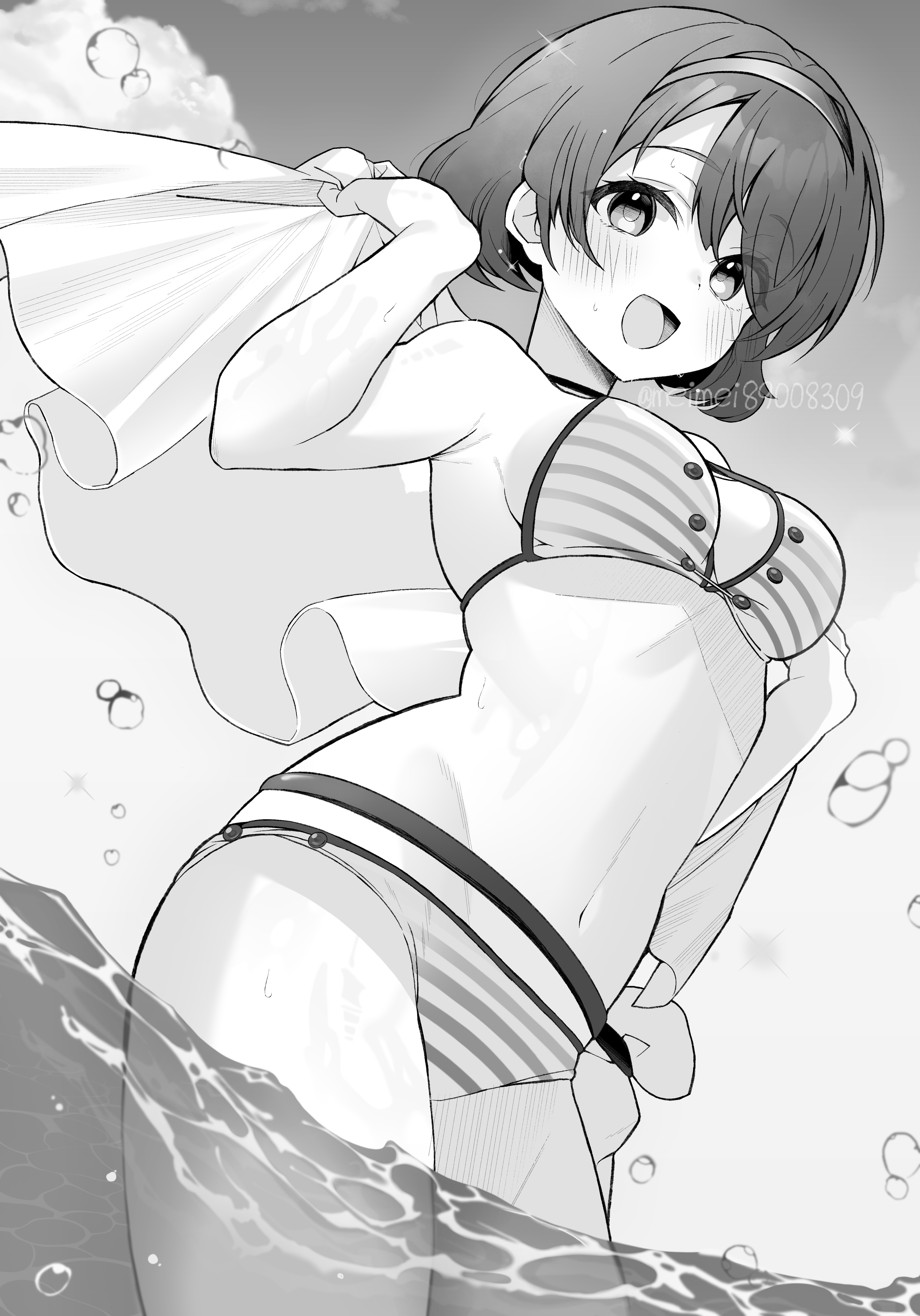 meimei (meimei89008309), tenkyuu chimata, touhou, absurdres, commentary request, highres, 1girl, alternate costume, armpits, bikini, blush, breasts, cloud, greyscale, hairband, looking at viewer, medium breasts, monochrome, navel, ocean, open mouth, outdoors, short hair, smile, solo, striped bikini, striped clothes, swimsuit, twitter username, wading, water, water drop
