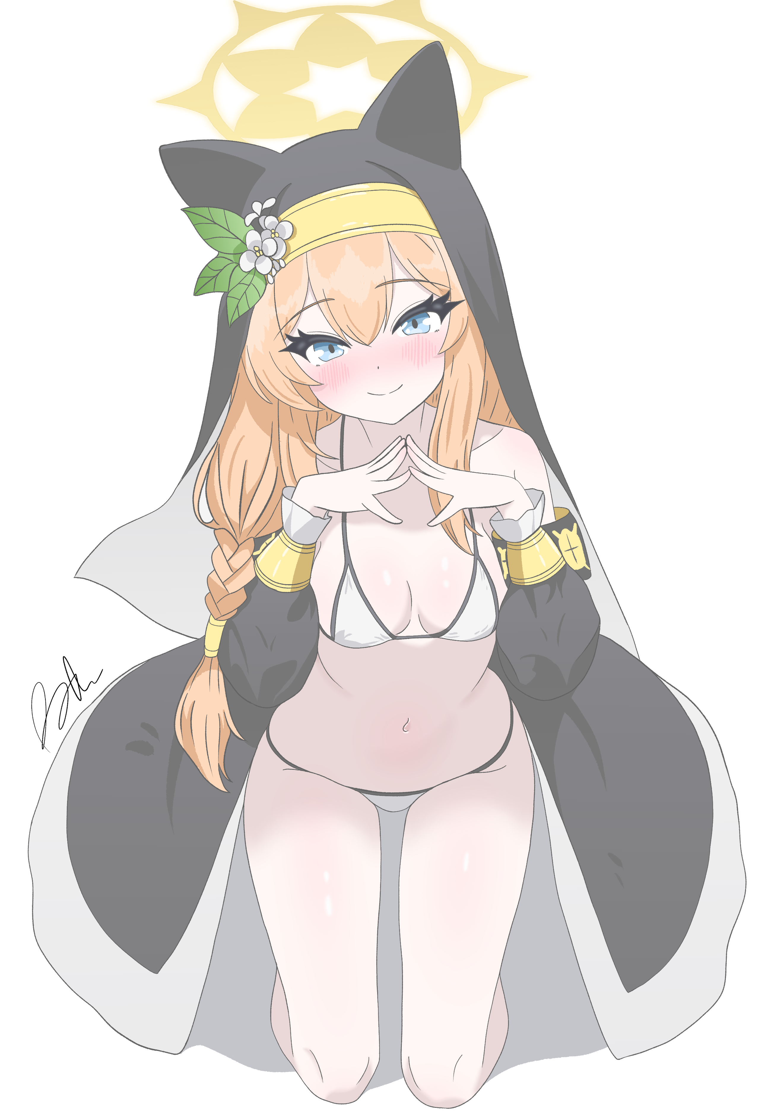runarie, mari (blue archive), blue archive, absurdres, highres, 1girl, animal ears, blonde hair, blue eyes, blush, breasts, flower, hair flower, hair ornament, halo, looking at viewer, navel, nun, simple background, small breasts, solo, swimsuit, white background, yellow halo