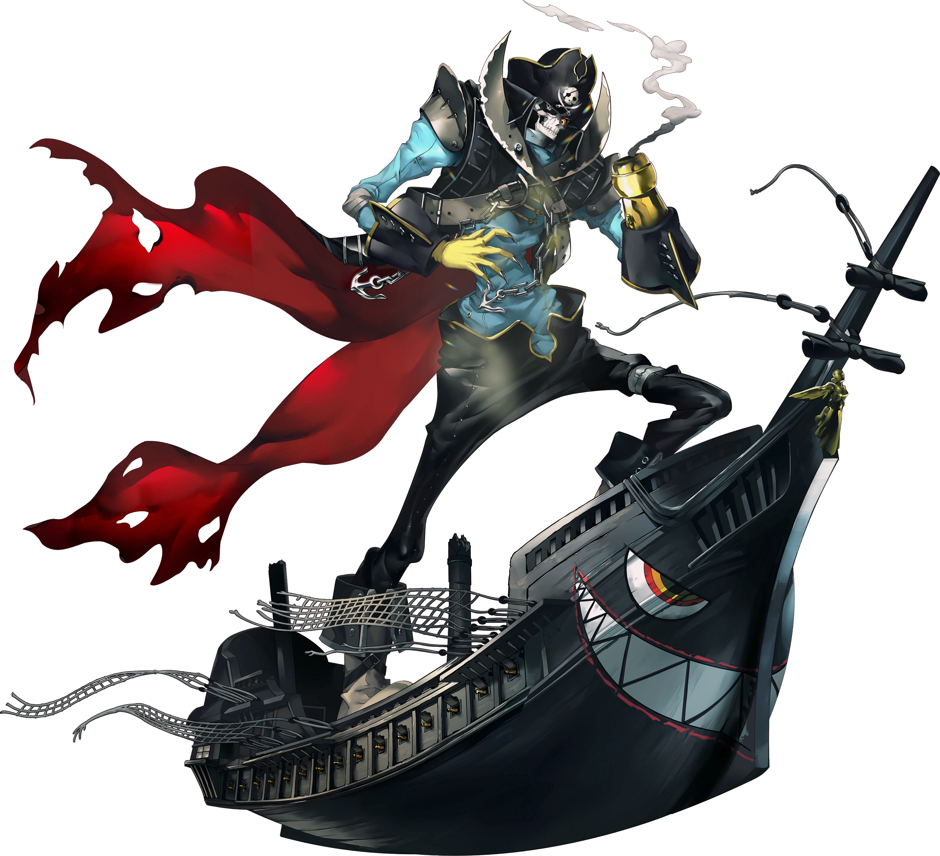 captain kidd (persona), persona, persona 5, persona 5: the phantom x, absurdres, artist request, highres, official art, third-party source, 1boy, boots, chain, eyepatch, hat, persona (summon), pirate hat, pirate ship, simple background, skull, smoke, solo, standing, sword, torn clothes, transparent background, weapon, yellow eyes