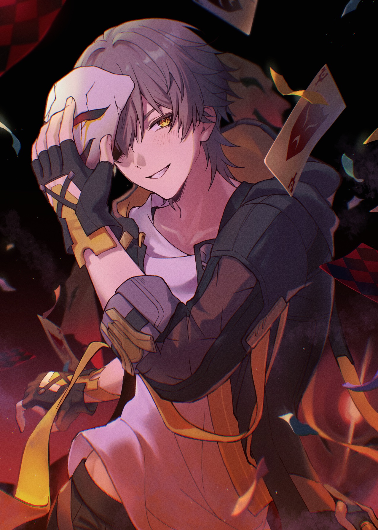 rune (rne at), caelus (honkai: star rail), trailblazer (honkai: star rail), honkai: star rail, honkai (series), commentary request, highres, 1boy, black background, black coat, black gloves, black pants, blush, broken mask, card, coat, confetti, diamond-shaped pupils, diamond (shape), fingerless gloves, fingernails, gloves, gradient background, grey hair, hair between eyes, hand up, holding, holding mask, hood, hooded coat, lapels, long sleeves, looking at viewer, male focus, mask, open clothes, open coat, pants, playing card, pocket watch, red background, short hair, smile, solo, standing, symbol-shaped pupils, tassel, teeth, two-sided coat, two-sided fabric, watch, white mask, yellow coat, yellow eyes