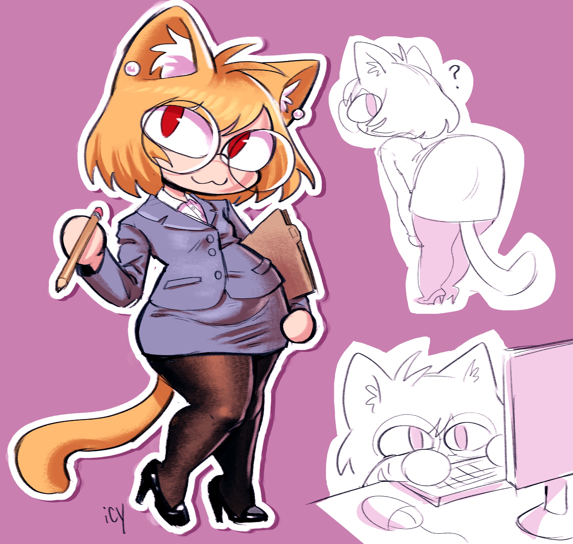 iseenudepeople, neco-arc, melty blood, tsukihime, tsukihime (remake), commentary, english commentary, highres, :3, ?, animal ear fluff, animal ears, artist name, bent over, black leggings, blonde hair, cat ears, cat girl, cat tail, computer, computer keyboard, computer mouse, earrings, folder, formal clothes, full body, grey skirt, grey suit, high heels, jewelry, leggings, monitor, multiple views, neco spirit, office lady, pencil, pink background, red eyes, signature, simple background, skirt, skirt suit, suit, tail