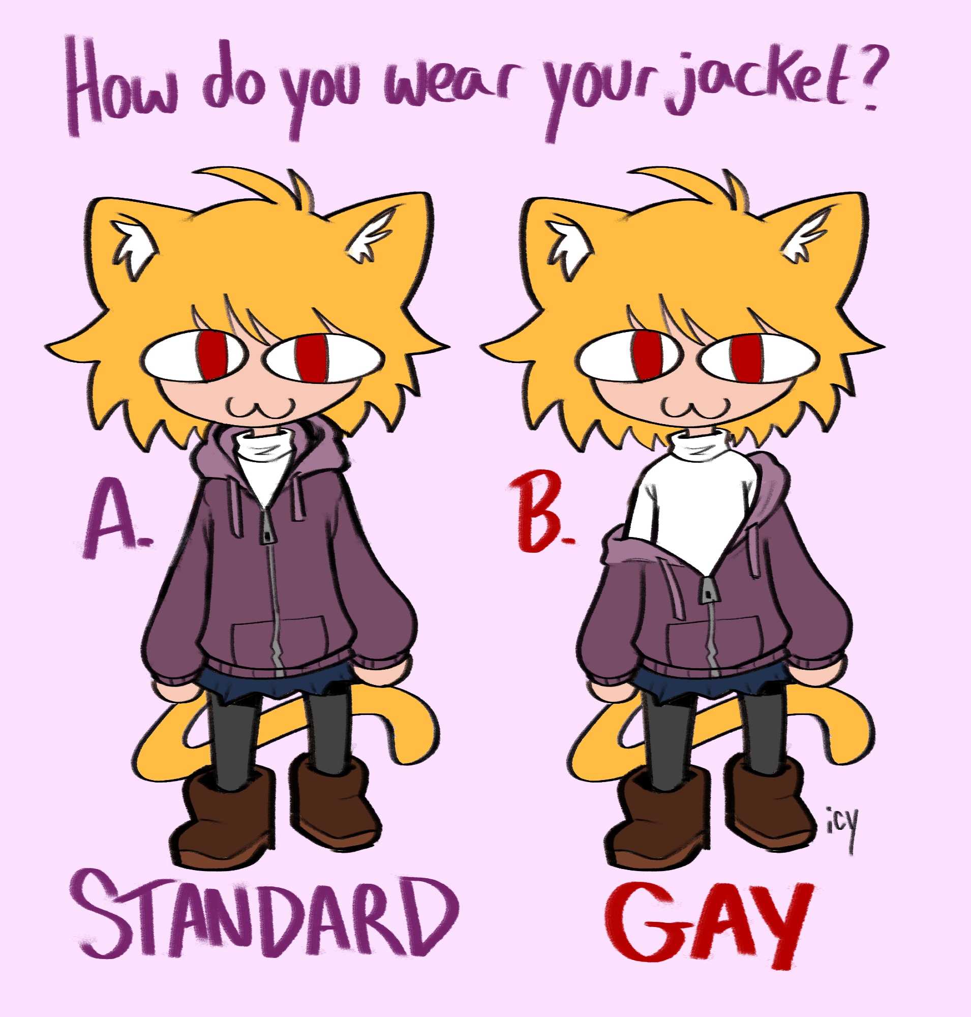 iseenudepeople, neco-arc, melty blood, tsukihime, tsukihime (remake), commentary, english commentary, highres, 2girls, :3, animal ears, black pantyhose, blonde hair, boots, brown boots, cat ears, cat girl, cat tail, dual persona, english text, hood, hoodie, multiple girls, neco spirit, pantyhose, pink background, purple hoodie, red eyes, signature, simple background, skirt, sweater, tail, white sweater