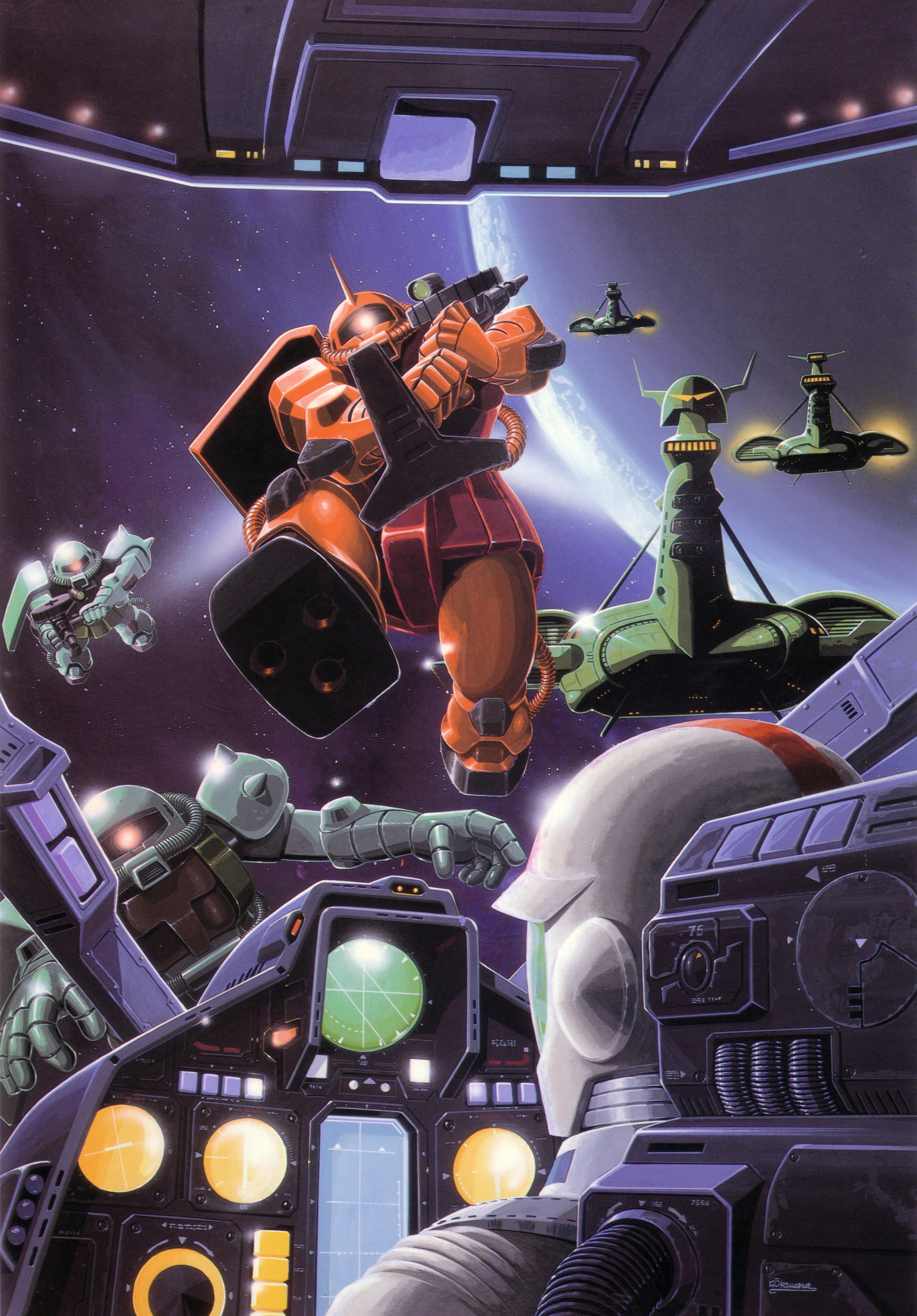 ookawara kunio, amuro ray, musai, rx-78-2 gundam, zaku ii, zaku ii s char custom, gundam, mobile suit gundam, 1980s (style), absurdres, highres, painting (medium), scan, traditional media, 1970s (style), 1boy, astronaut, bad end, battle, cockpit, earth (planet), falmel, gun, helmet, machine gun, mecha, mecha focus, mecha pilot suit, mobile suit, oldschool, planet, realistic, retro artstyle, robot, scene reference, science fiction, shield, space, spacecraft, spacesuit, star (sky), surrounded, weapon