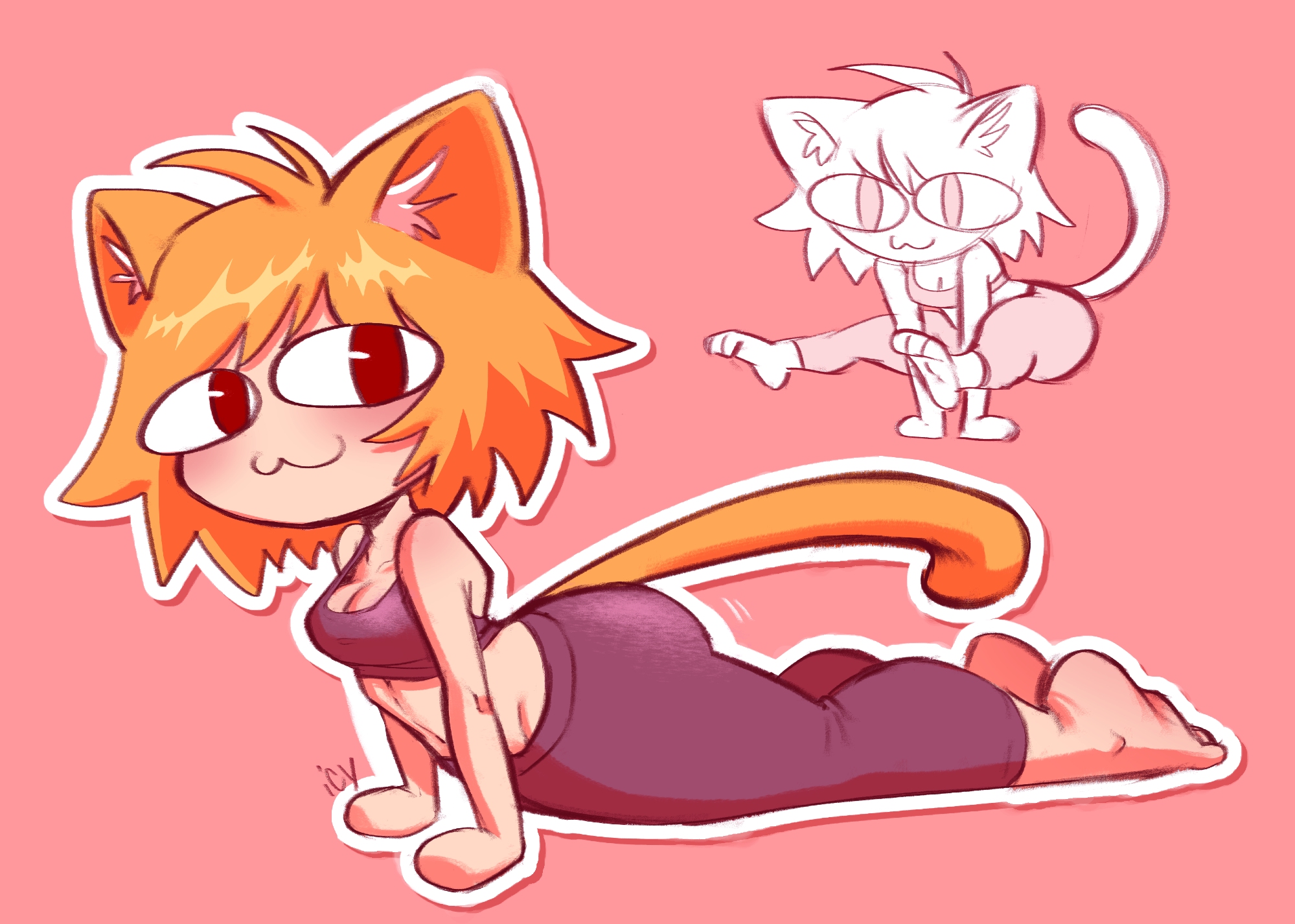 iseenudepeople, neco-arc, melty blood, tsukihime, tsukihime (remake), commentary, english commentary, highres, 1girl, :3, animal ears, ass, barefoot, blonde hair, cat ears, cat girl, cat tail, exercising, flexible, multiple views, neco spirit, outline, pants, pink background, red eyes, signature, solo, sports bra, tail, white outline, yoga, yoga pants