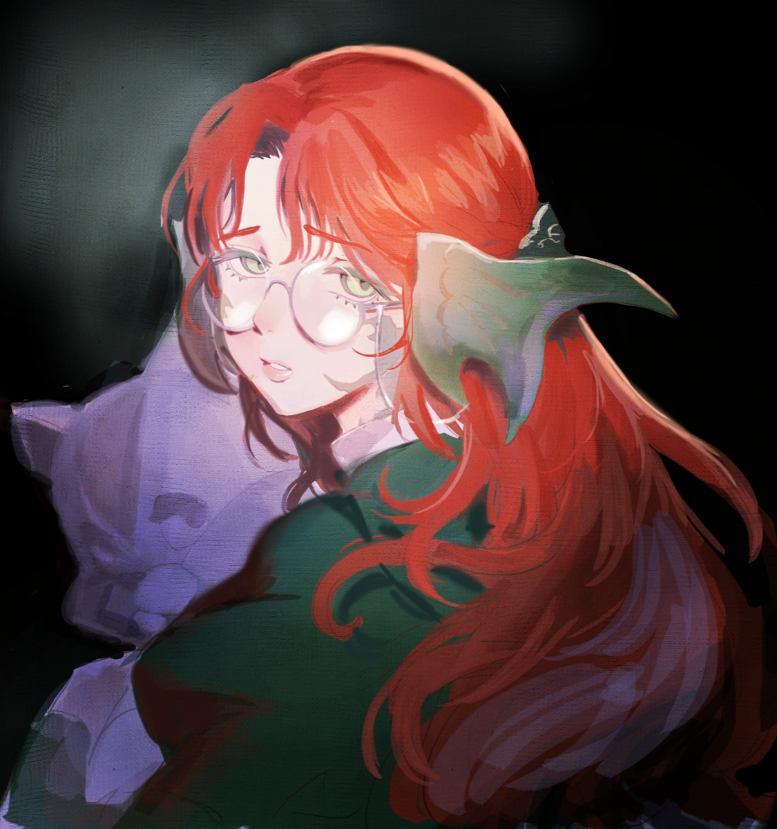 goldfishu, final fantasy, final fantasy xiv, highres, 1boy, 1girl, au ra, black background, calyx (ff14), dragon horns, gradient background, green eyes, green shirt, half-closed eyes, halmarut (ff14), horns, juliet sleeves, long hair, long sleeves, looking at viewer, parted lips, puffy sleeves, red hair, scales, shirt, stuffed toy, upper body