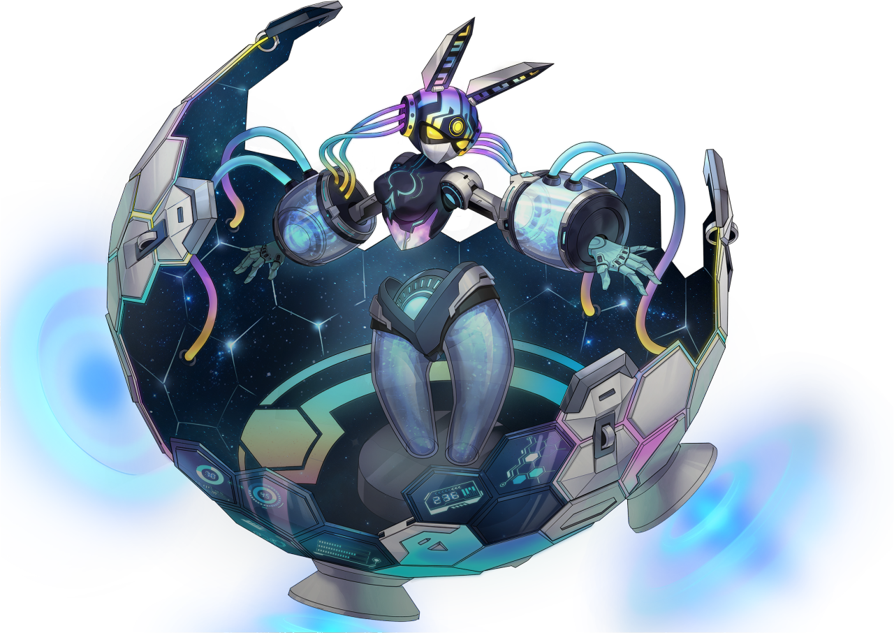 persona, persona 5, persona 5: the phantom x, artist request, official art, third-party source, 1girl, antennae, apseudes (persona), full body, hexagon, humanoid robot, open hand, persona (summon), robot, solo, star (sky), tachi-e, transparent background, yellow eyes