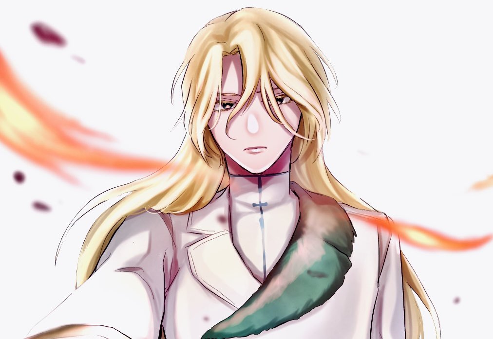 1046sstep btoh, jugram haschwalth, bleach, bleach: sennen kessen-hen, commentary request, 1boy, black eyes, blonde hair, coat, expressionless, fire, frown, male focus, reaching, reaching towards viewer, solo, turtleneck, upper body, wandenreich uniform, white coat