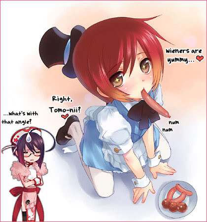 kasukabe akira, rio (otosuki), tomo (otosuki), otoko no ko wa meido fuku ga osuki!?, lowres, 1boy, crossdressing, crossdressing (mtf), hot dog, male focus, oral, shota, solo, trap