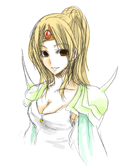 monochromism, rosa farrell, final fantasy, final fantasy iv, 1990s (style), 1girl, blonde hair, breasts, brown eyes, cleavage, female focus, long hair, ponytail, shoulder pads, smile, solo, tiara, white background