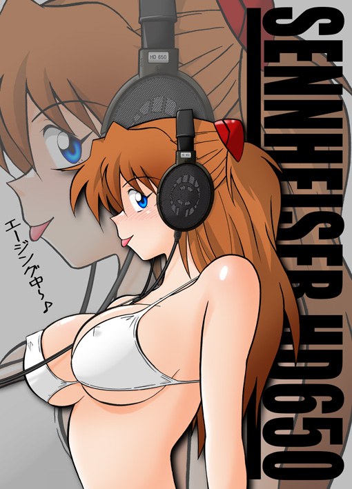 hetano yokoduki, souryuu asuka langley, neon genesis evangelion, alternate breast size, translation request, 1girl, :p, between breasts, bikini, blue eyes, blush, breasts, brown hair, cleavage, covered erect nipples, female focus, from side, grey background, hair ornament, headphones, large breasts, long hair, looking at viewer, musical note, product placement, profile, quaver, red hair, sideboob, simple background, solo, swimsuit, tongue, tongue out, two side up, underboob, upper body, white bikini, zoom layer