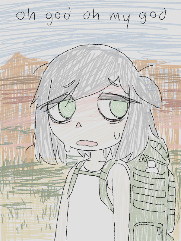 mentha (menthalovely), original, 1girl, backpack, bag, bare shoulders, bottle, collarbone, english text, grass, green bag, green eyes, grey hair, looking to the side, mountain, open mouth, outdoors, shirt, short hair, sky, solo, sweat, upper body, water bottle, wavy mouth, white shirt