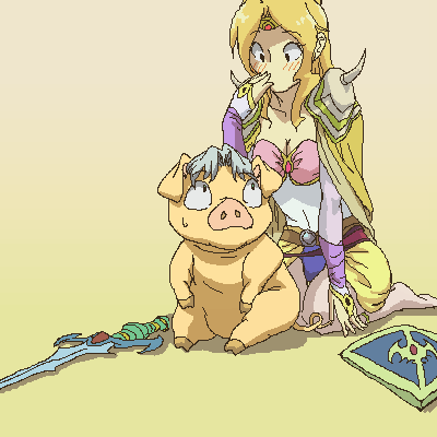 tomomura yuki, cecil harvey, rosa farrell, final fantasy, final fantasy iv, lowres, 1990s (style), blonde hair, blush, bridal gauntlets, cape, grey hair, leotard, long hair, looking down, looking up, pantyhose, pig, shield, short hair, shoulder pads, sword, tiara, transformation, weapon