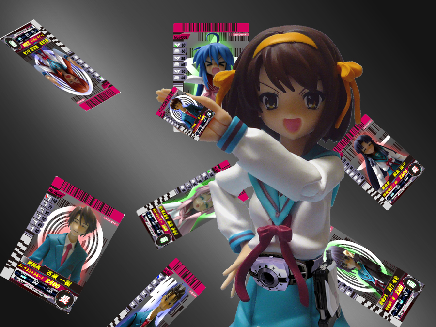 asahina mikuru, asakura ryoko, izumi konata, kamen rider decade, koizumi itsuki, kyon, nagato yuki, suzumiya haruhi, takara miyuki, figma, kamen rider, kamen rider dcd, lucky star, suzumiya haruhi no yuuutsu, parody, school uniform, serafuku, solo
