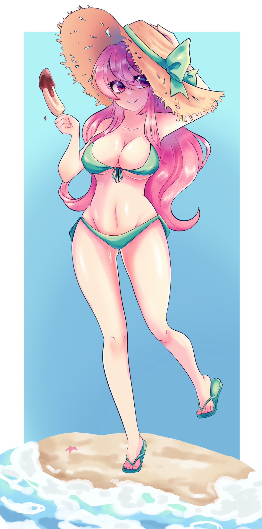character request, commentary, copyright request, highres, symbol-only commentary, 1girl, bikini, blue sky, border, bow, breasts, cleavage, closed mouth, flip-flops, food, full body, green bikini, green bow, hat, holding, holding food, hunnymilky, long hair, navel, outside border, pink eyes, pink hair, sandals, sky, smile, solo, standing, standing on one leg, sun hat, swimsuit, toes, water, white border