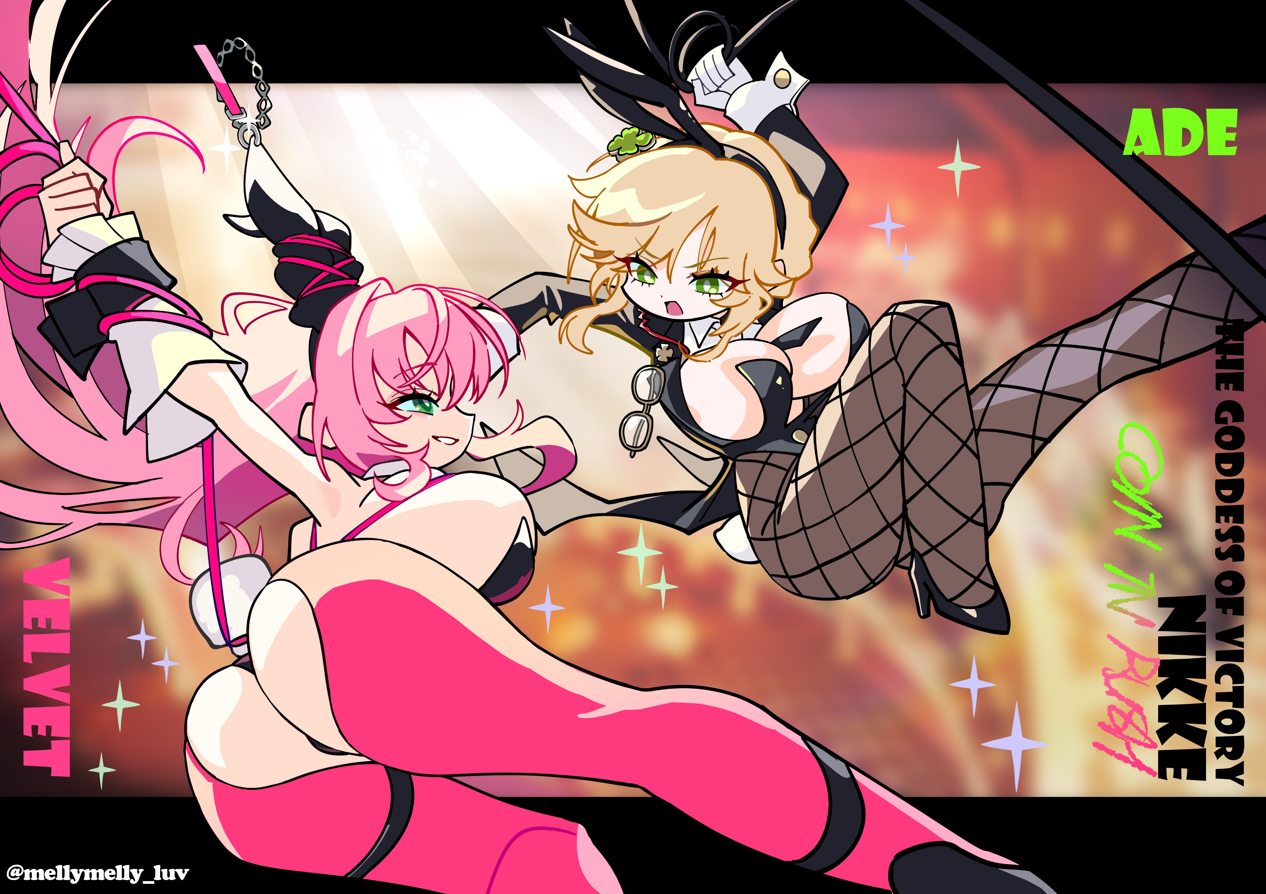 mell (dmwe3537), ade (agent bunny) (nikke), ade (nikke), velvet (nikke), goddess of victory: nikke, absurdres, derivative work, highres, 2girls, animal ear hairband, animal ears, blonde hair, breasts, chibi, english text, fake animal ears, fishnet pantyhose, fishnets, green eyes, hairband, high heels, large breasts, long hair, multiple girls, open mouth, pantyhose, pink hair, playboy bunny, profile, rabbit ear hairband, rabbit ears, short hair