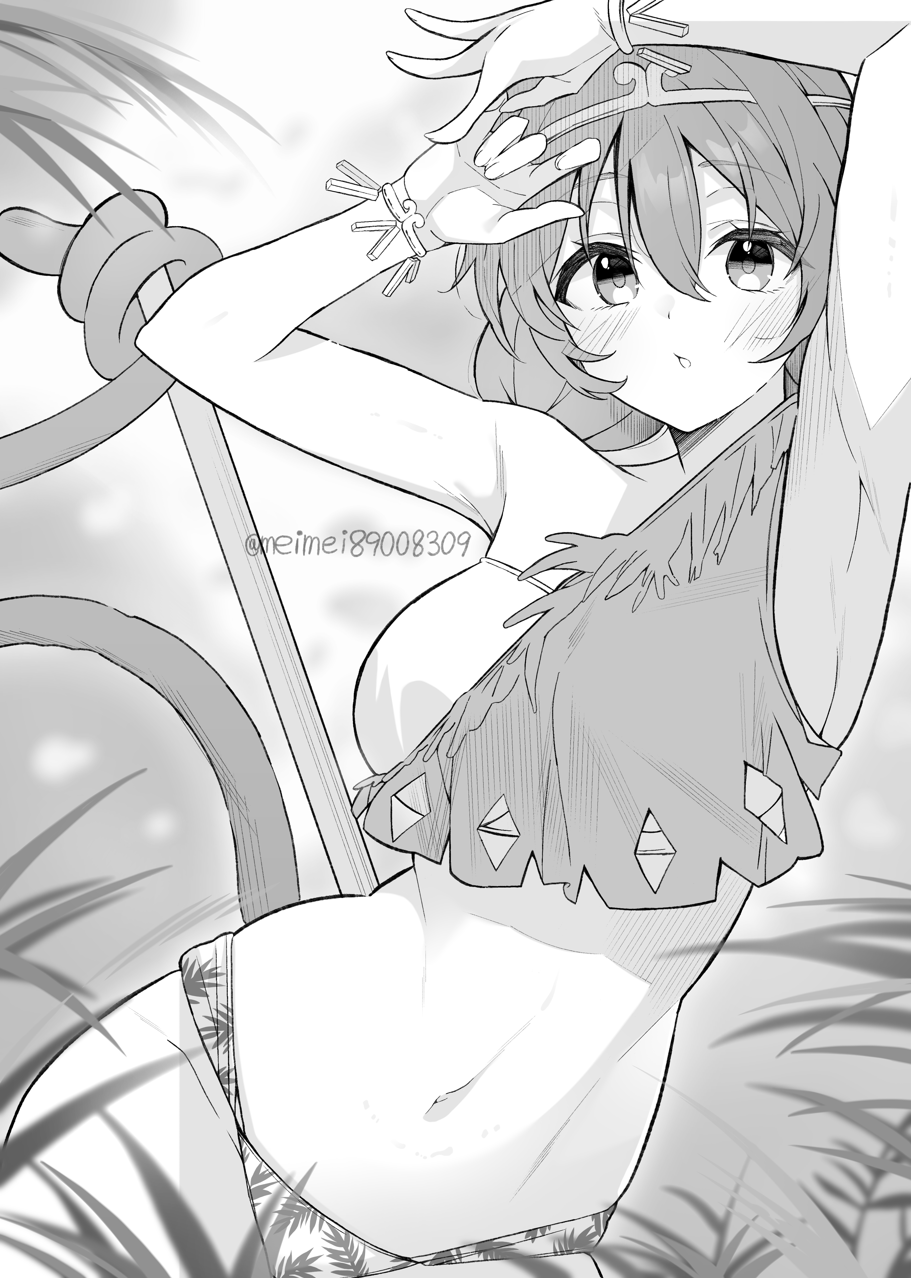 meimei (meimei89008309), son biten, touhou, absurdres, clothing request, commentary request, highres, 1girl, adapted costume, armpits, blush, bo staff, breasts, circlet, greyscale, looking at viewer, midriff, monkey girl, monkey tail, monochrome, navel, open mouth, prehensile tail, solo, tail, twitter username