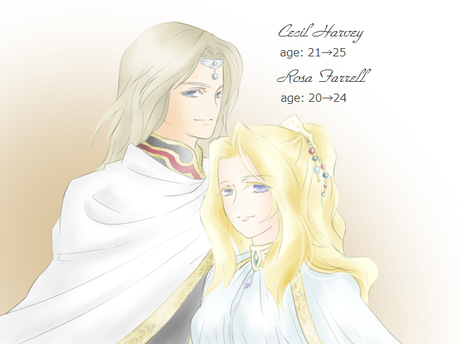 silvia (horizon), cecil harvey, rosa farrell, final fantasy, final fantasy iv, 1990s (style), 1boy, 1girl, blonde hair, blue eyes, cloak, couple, grey hair, hair ornament, long hair, ponytail, robe, tiara