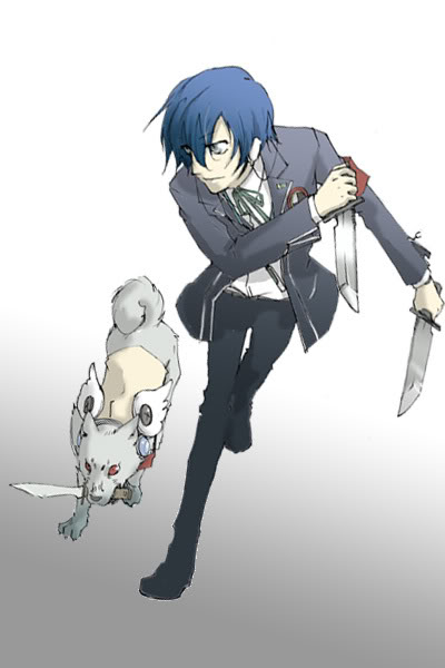 koromaru (persona), yuuki makoto (persona 3), atlus, persona, persona 3, animal, armband, blue eyes, blue hair, dog, dual wielding, grey eyes, headphones, holding, knife, male focus, mp3 player, red eyes, short hair, weapon