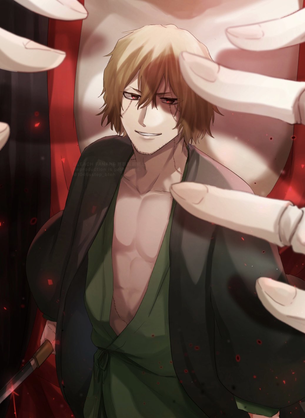 1046sstep btoh, urahara kisuke, bleach, bleach: sennen kessen-hen, commentary request, highres, 1boy, abs, blonde hair, doll joints, facial hair, haori, japanese clothes, joints, kannonbiraki benihime aratame (bankai), pectorals, red eyes, smile, solo focus, stubble, toned, toned male, twitter username, watermark