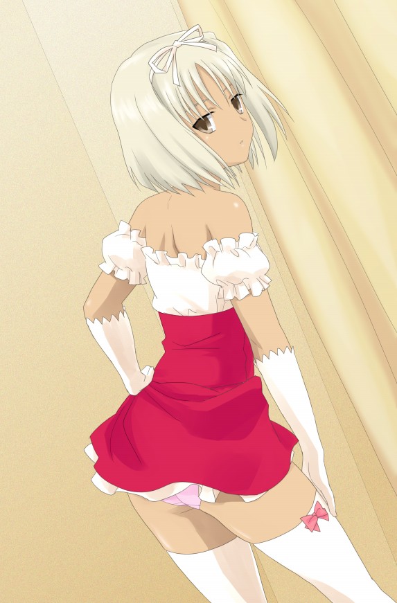 komatsu (sakanae), canaan (character), 428, 428: fuusa sareta shibuya de, canaan (series), chunsoft, 1girl, bare shoulders, bent over, blonde hair, brown eyes, dark-skinned female, dark skin, dress, elbow gloves, female focus, from behind, gloves, hair ribbon, looking at viewer, looking back, panties, pantyshot, ribbon, solo, strapless, strapless dress, thighhighs, underwear