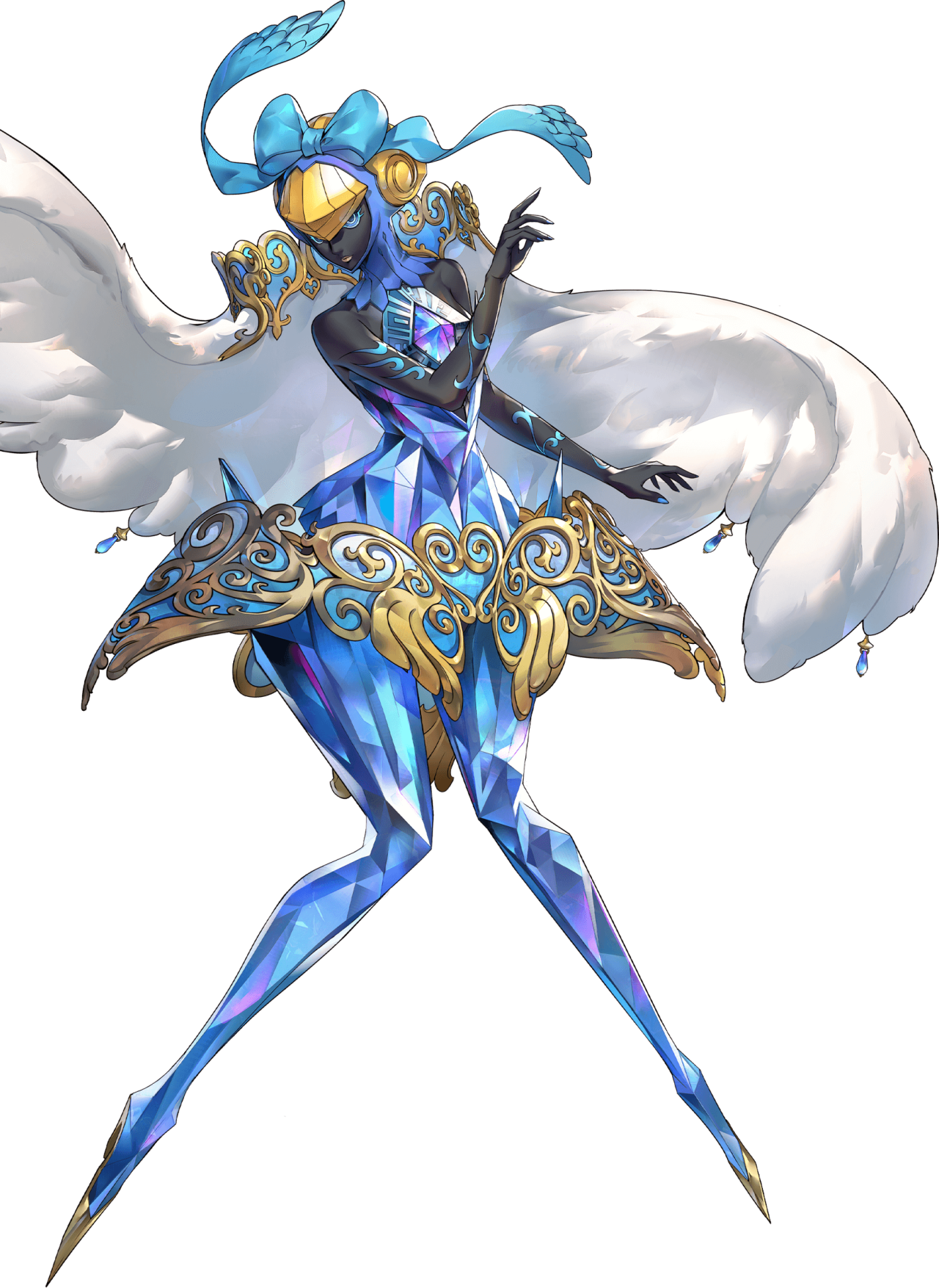 persona, persona 5, persona 5: the phantom x, artist request, highres, official art, third-party source, 1girl, black skin, blue bow, blue eyes, blue nails, bow, cape, cendrillon (persona), colored skin, persona (summon), simple background, solo, transparent background, white cape