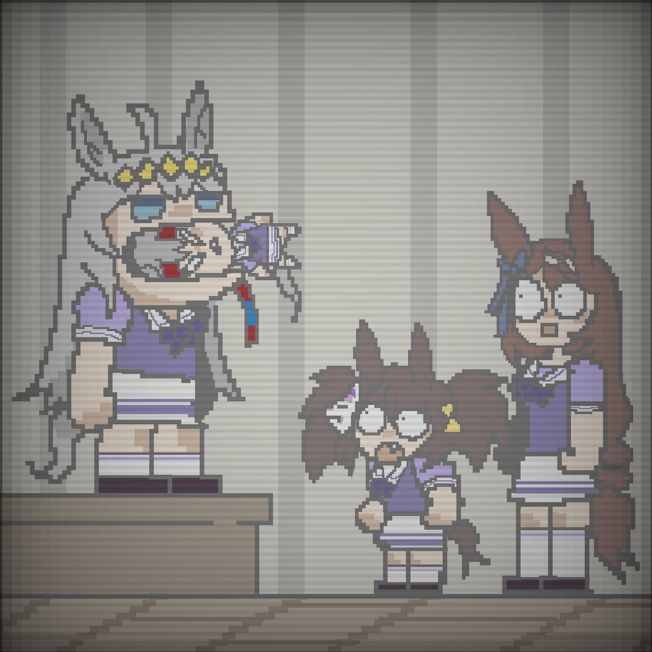 oligogi meoggosipda, inari one (umamusume), oguri cap (umamusume), super creek (umamusume), tamamo cross (umamusume), five nights at freddy's, five nights at freddy's 4, umamusume, commentary, english commentary, highres, 4girls, ahoge, animal ears, blue eyes, blue hairband, bow, braid, braided ponytail, brown hair, ear bow, ear ornament, fang, fox mask, grey hair, grey tail, hairband, headband, horse ears, horse girl, horse tail, long hair, mask, mask on head, multicolored hair, multicolored hairband, multiple girls, open mouth, red headband, scene reference, school uniform, streaked hair, striped clothes, striped hairband, tail, tracen school uniform, twintails, two-tone hairband