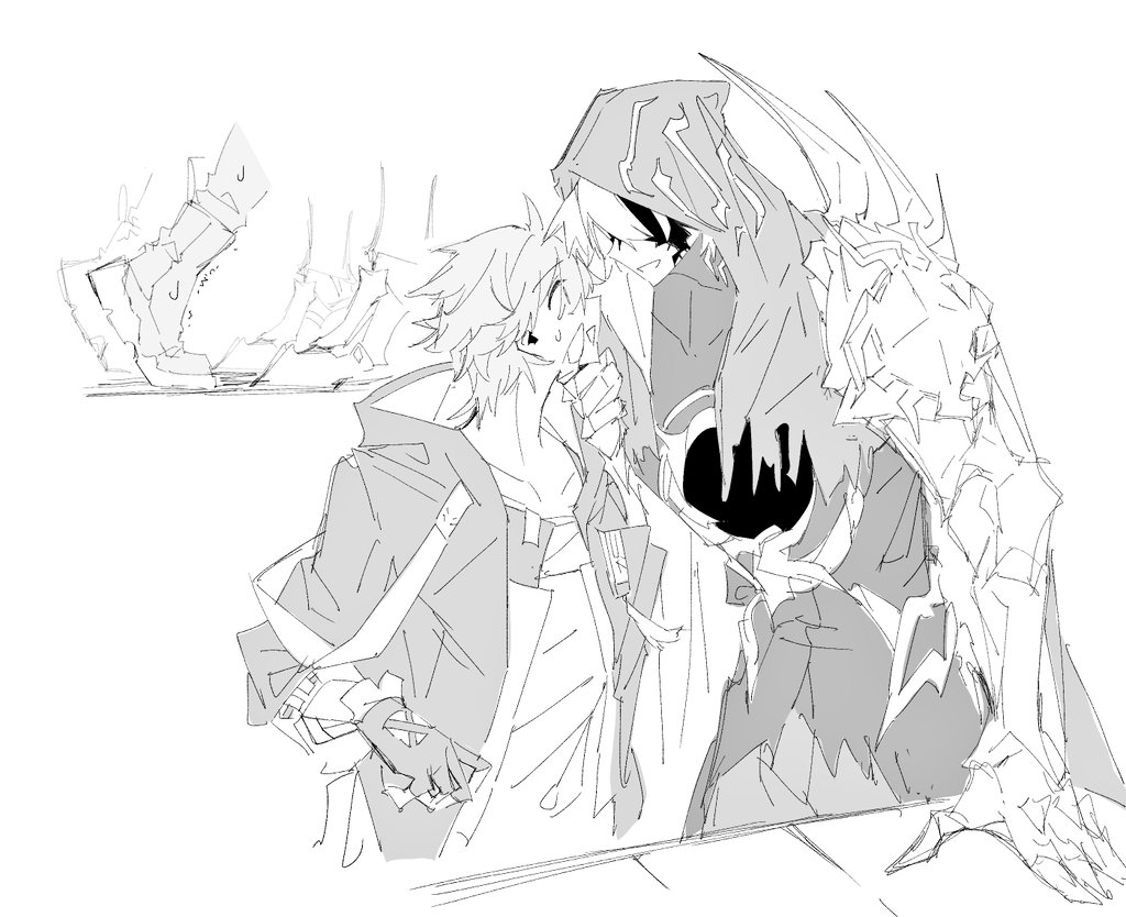 hki 8b, caelus (honkai: star rail), flame reaver of the deepest dark, phainon (honkai: star rail), trailblazer (honkai: star rail), honkai: star rail, honkai (series), 2boys, armor, bodysuit, boots, cape, coat, collarbone, covered collarbone, fingerless gloves, gauntlets, gloves, greyscale, hair between eyes, hand on another's chin, hand up, hood, hooded cape, hooded coat, lapels, long sleeves, looking at another, male focus, monochrome, multiple boys, open clothes, open coat, open mouth, pants, shirt, short hair, shoulder armor, simple background, smile, standing, sweatdrop, t-shirt, table, two-sided coat, two-sided fabric, wide-eyed, yaoi