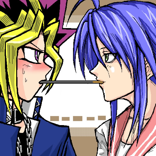 izumi konata, muto yugi, lucky star, niconico, niconico rpg, yu-gi-oh!, yu-gi-oh! duel monsters, lowres, 00s, 2boys, blue hair, blush, couple, crossover, food, genderswap, genderswap (ftm), green eyes, long hair, multiple boys, pocky, pocky kiss, shared food