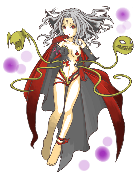 pontaouka, cloud of darkness, dissidia final fantasy, final fantasy, final fantasy iii, 1990s (style), 1girl, anklet, breasts, cape, elbow gloves, female focus, full body, gloves, grey hair, jewelry, long hair, midriff, navel, pasties, red eyes, solo, white background
