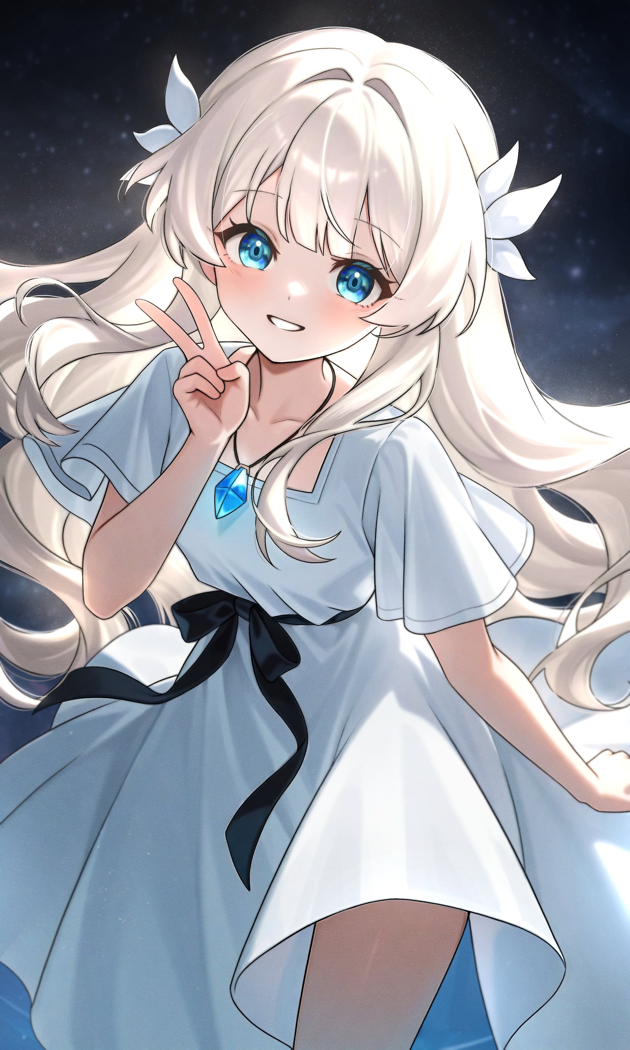 zero0ex, lily (ender lilies), ender lilies quietus of the knights, absurdres, commentary, english commentary, highres, 1girl, black ribbon, blue eyes, dress, flower, hair flower, hair ornament, jewelry, long hair, looking at viewer, necklace, ribbon, simple background, smile, solo, thighs, v, white dress, white hair