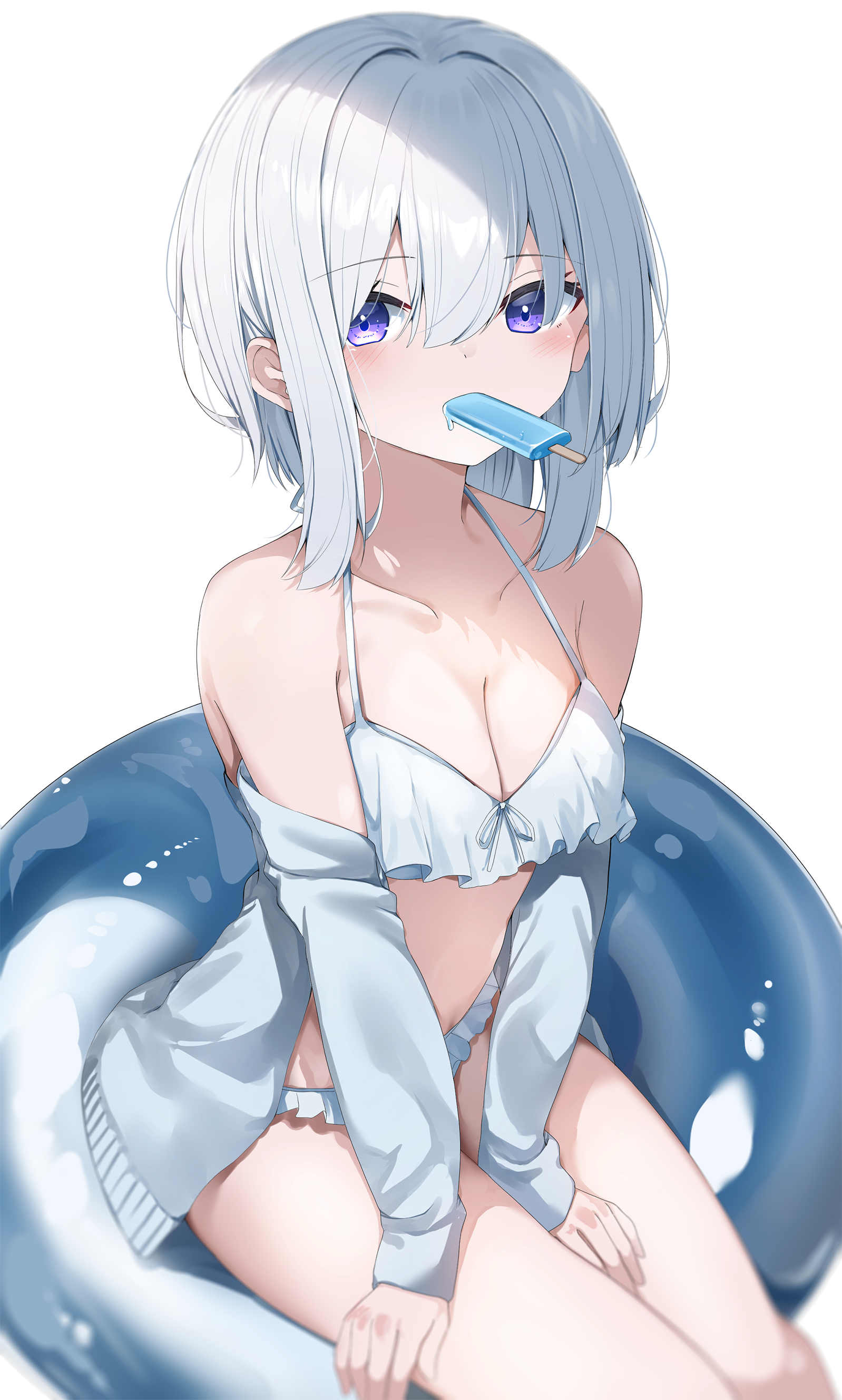 neku (neku draw), original, absurdres, highres, 1girl, bare shoulders, bikini, breasts, cleavage, collarbone, food, food in mouth, frilled bikini, frills, grey hair, grey jacket, hair between eyes, innertube, jacket, medium breasts, mouth hold, off shoulder, open clothes, open jacket, popsicle, purple eyes, simple background, solo, swim ring, swimsuit, white background, white bikini