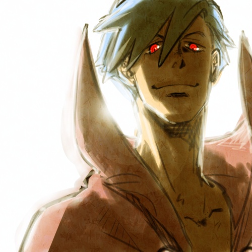 katoh, katou (hyaena), katou haruaki, kamina (ttgl), tengen toppa gurren lagann, lowres, 00s, 1boy, blue hair, cape, glowing, glowing eyes, lens flare, male focus, red eyes, smile, solo, upper body, white background